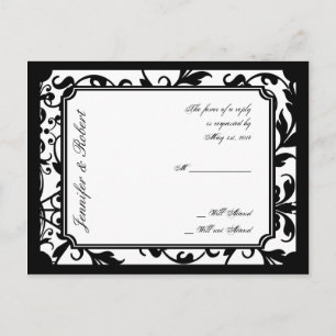 Tarjeta postal RSVP de damasco blanco y negro de m