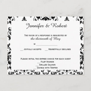 Tarjeta postal RSVP de Damask en blanco y negro