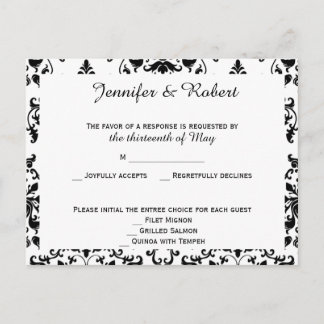Tarjeta postal RSVP de Damask en blanco y negro