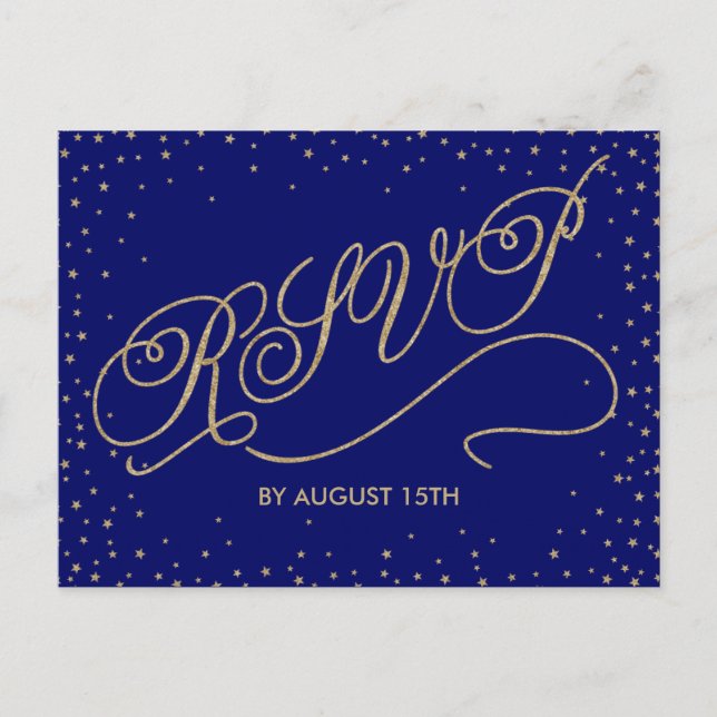 Tarjeta postal RSVP de Estrellas Azules y Oro de l (Anverso)