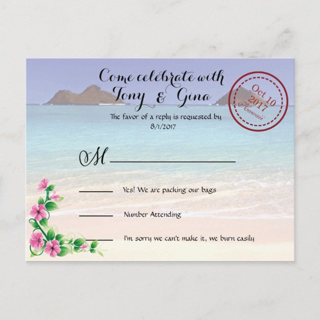 Tarjeta postal RSVP de la boda de destino de Hawai (Anverso)