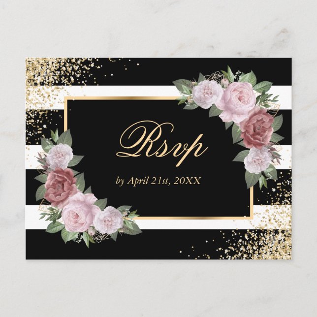 Tarjeta postal RSVP de la boda floral Black Gold R (Anverso)