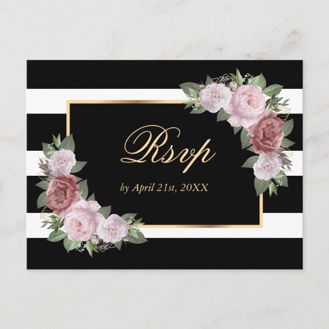 Tarjeta postal RSVP de la boda floral Black Gold R (Anverso)