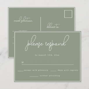 Tarjeta postal RSVP de la boda Minimalista verde s