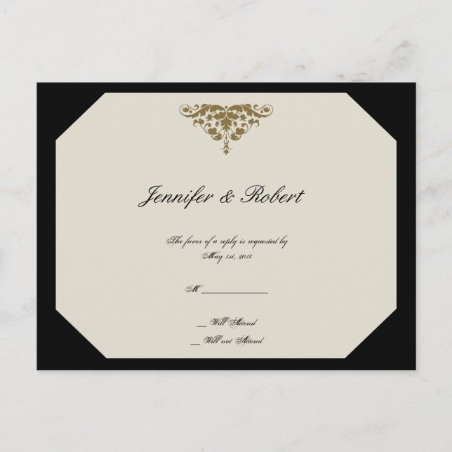 Tarjeta postal RSVP de marfil Black and Gold Damas (Anverso)