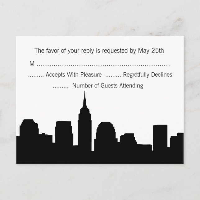 Tarjeta postal RSVP de NYC Skyline - Negro (Anverso)