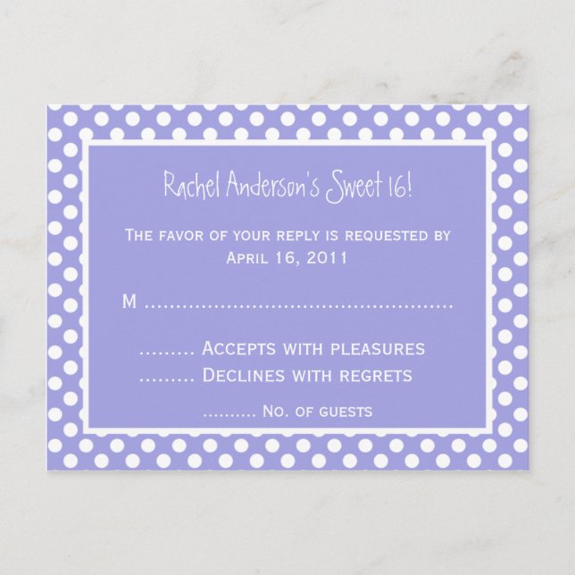 Tarjeta postal RSVP de punto de polka púrpura (Anverso)