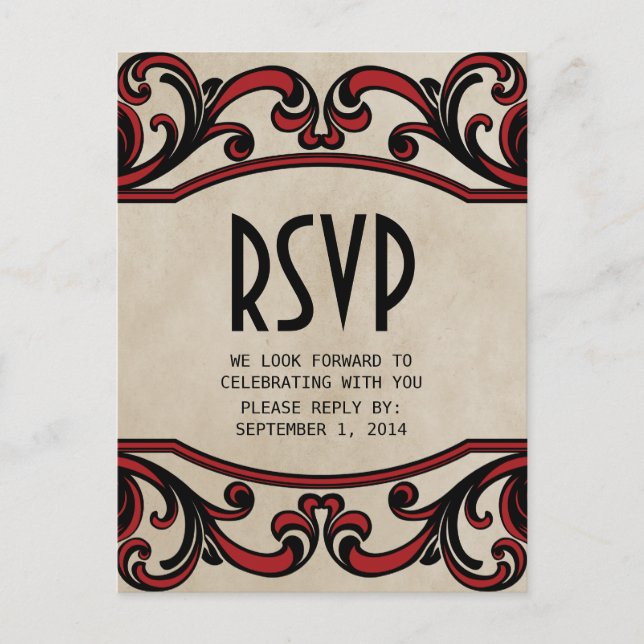 Tarjeta postal RSVP de Red Gothic Swirls (Anverso)