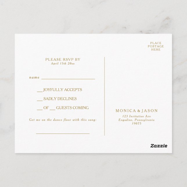 Tarjeta postal RSVP de solicitud de canción de oro (Reverso)