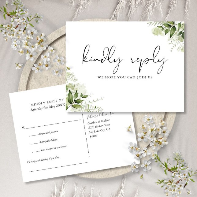 Tarjeta postal RSVP de solicitud de canción floral (Greenery Floral Song Request RSVP Postcard)