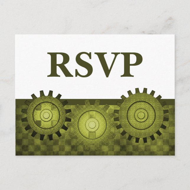 Tarjeta postal RSVP de Steampunk Gears, verde (Anverso)