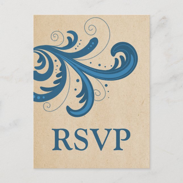 Tarjeta postal RSVP de Swirls con estilo azul (Anverso)