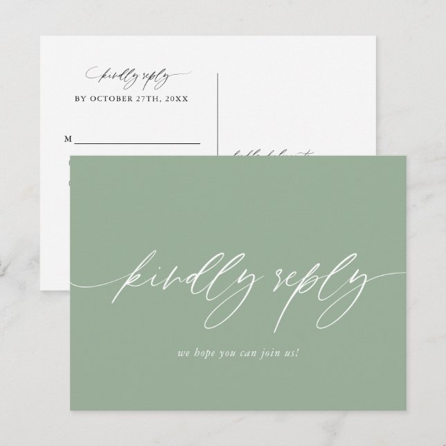 Tarjeta postal RSVP del menú Boda verde sabio (Anverso / Reverso)