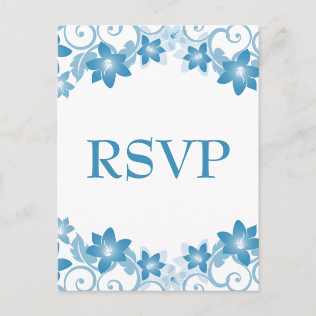 Tarjeta postal RSVP floral simple azul (Anverso)