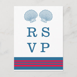 Tarjeta postal RSVP Nautical Blue Red Seashells