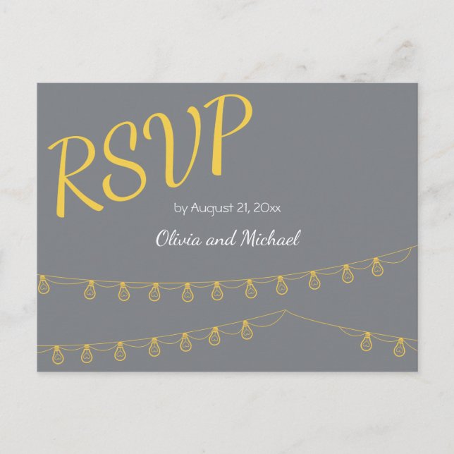 Tarjeta postal RSVP para boda en amarillo y gris (Anverso)