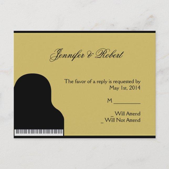 Tarjeta postal RSVP para piano negro y oro (Anverso)