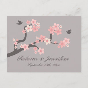Tarjeta postal RSVP rosa/gris con flores de cerezo