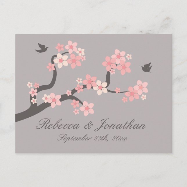 Tarjeta postal RSVP rosa/gris con flores de cerezo (Anverso)