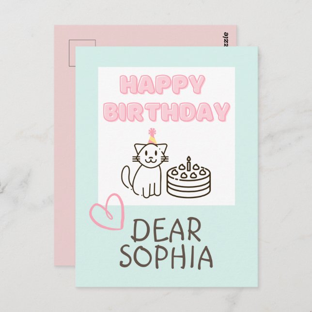 Tarjeta postal Sky blue&Pink Happy Birday Cat (Anverso / Reverso)