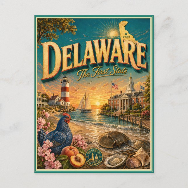 Tarjeta Postal Souvenir de Viaje Retro de Delaware (Anverso)