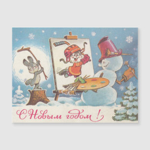 Tarjeta postal soviética de Año Nuevo con liebres 