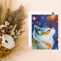 Tarjeta postal Starry Night Kitty Watercolor