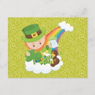Tarjeta postal Swirls Leprechaun y Rainbow