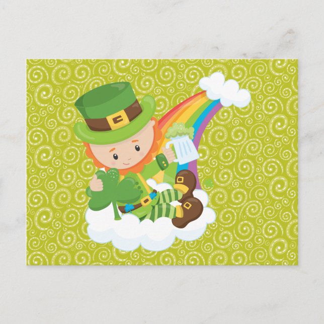 Tarjeta postal Swirls Leprechaun y Rainbow (Anverso)
