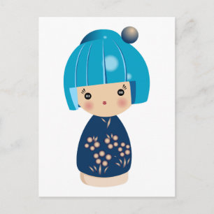 Tarjeta postal tripleta azul kokeshi