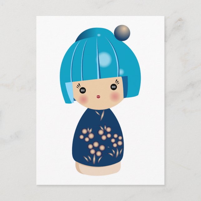 Tarjeta postal tripleta azul kokeshi (Anverso)