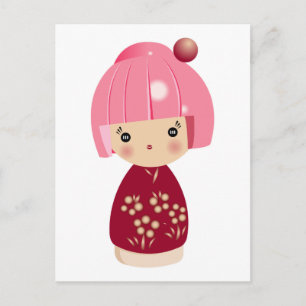 Tarjeta postal tripleta rosa de Kokeshi