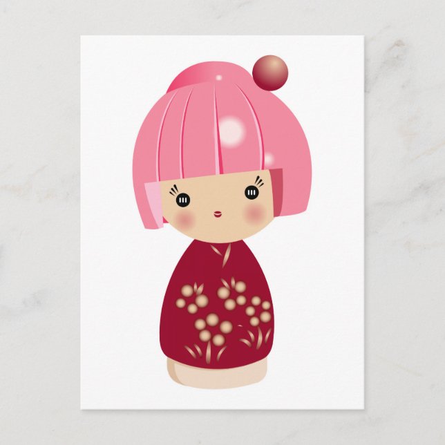 Tarjeta postal tripleta rosa de Kokeshi (Anverso)