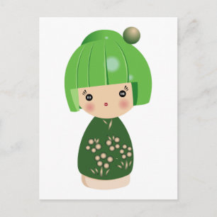 Tarjeta postal tripleta verde kokeshi