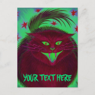 Tarjeta postal "Tu texto" roja al gato aterrador