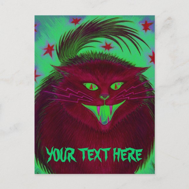 Tarjeta postal "Tu texto" roja al gato aterrador (Anverso)