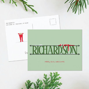 Tarjeta postal verde de Navidad con travesuras de