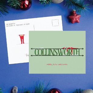 Tarjeta postal verde de Navidad con travesuras de