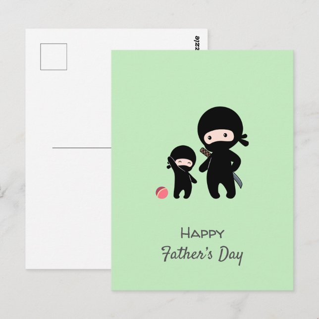 Tarjeta postal verde de padre e hijo ninja (Anverso / Reverso)