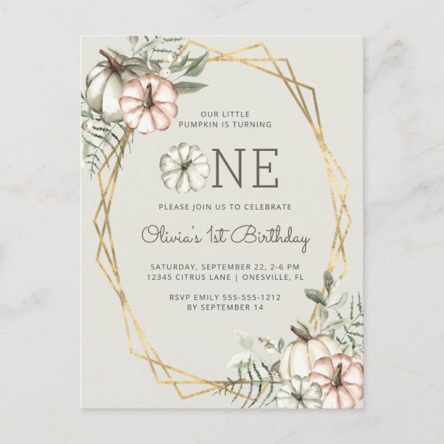 Tarjeta postal verde salvia para el 1er cumpleaños (Anverso)