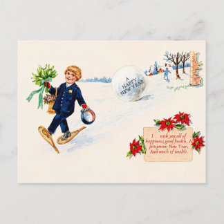Tarjeta postal vintage de Año Nuevo con raquetas d