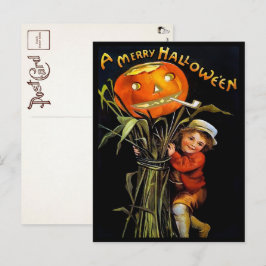 Tarjeta postal vintage de Halloween alegre de niña