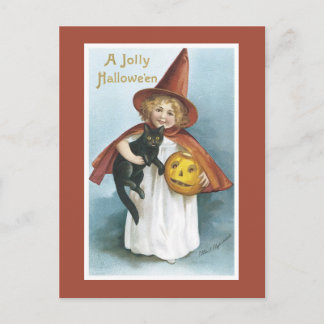 Tarjeta postal vintage de Halloween bruja gato neg