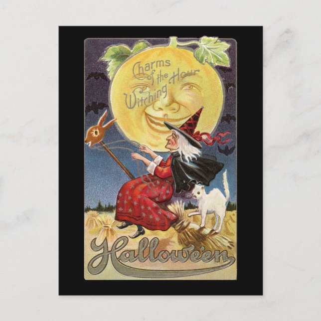 Tarjeta Postal Vintage de Halloween Bruja Luna (Anverso)