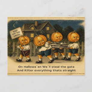 Tarjeta postal vintage de Halloween, calabaza trav