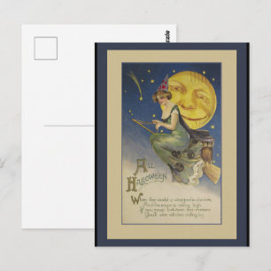 Tarjeta postal vintage de Halloween de bruja volad