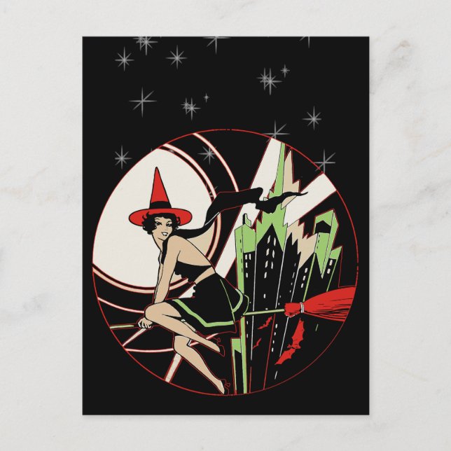 Tarjeta postal vintage de Halloween de bruja volad (Anverso)