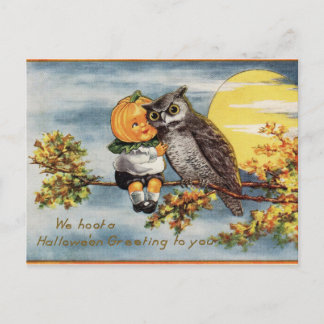 Tarjeta postal vintage de Halloween de búho, luna