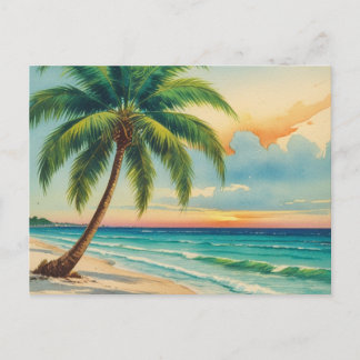 Tarjeta postal vintage de la playa con palmera de