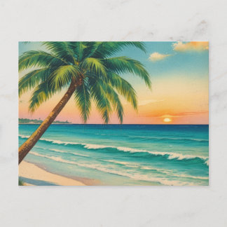 Tarjeta postal vintage de la playa con palmera de